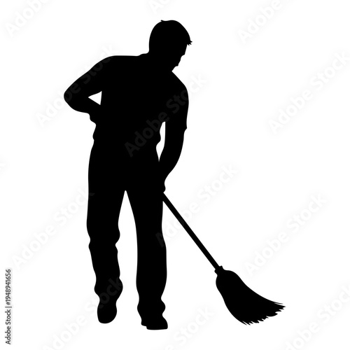 Silhouette of a man sweeping with a broom, clean vector illustration