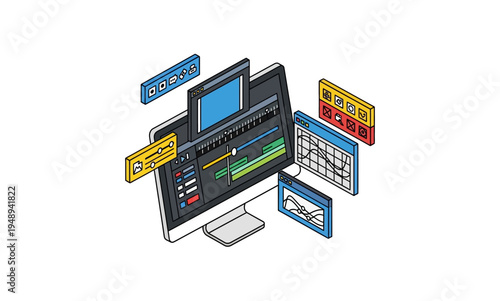 Isometric Computer with Video Editing Software and Data Windows.