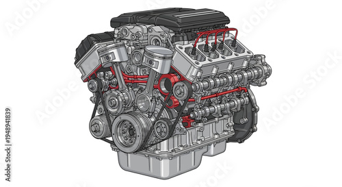 Detailed illustration of a car engine with red and black components