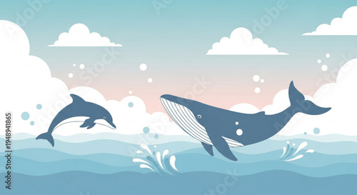 Whale and dolphin swimming together in ocean with clouds and bubbles marine life illustration