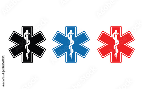Star of Medicine Icon Set – Snake and Healthcare Symbols
