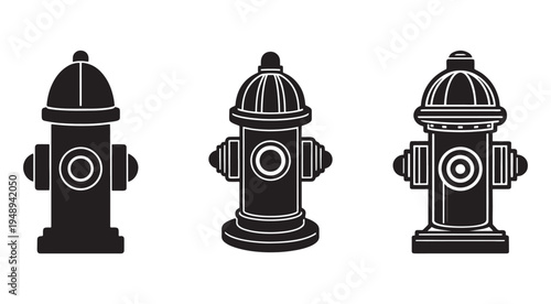 Three black silhouettes of different fire hydrants with white outlines on white background  urban water supply equipment