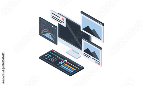 Isometric illustration of a computer monitor with various image editing interfaces.