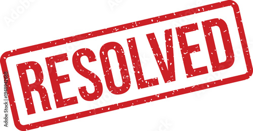 A distinct red rectangular rubber stamp clearly indicates the status RESOLVED positioned on a bright white surface