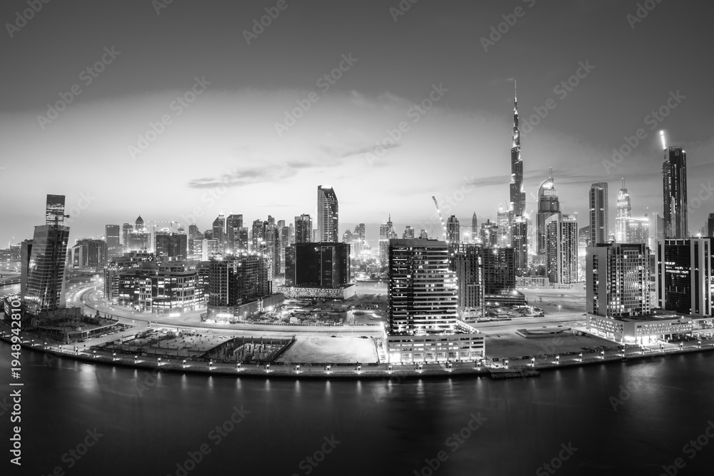 Fototapeta premium Aerial View of Dubai Marina Skyline, Luxury Waterfront Hotels and Residential Towers, UAE