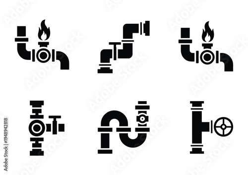 Vector of pipes and valves with fire icons