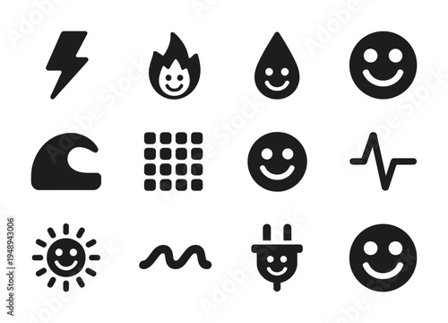 Set of vector icons representing energy sources and elements with happy faces