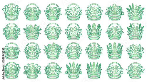 Green linear icons of various flower baskets collection on white set