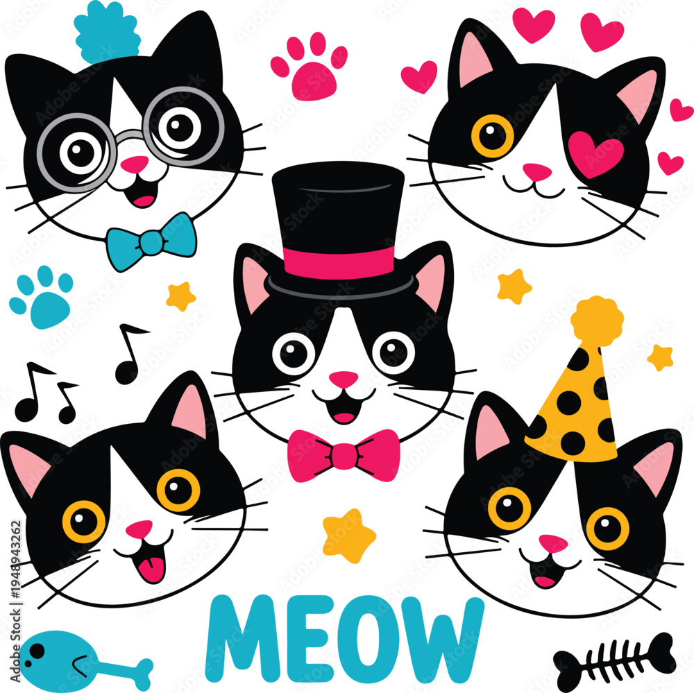 Obraz premium Cute Cartoon Cat Face Character Collection