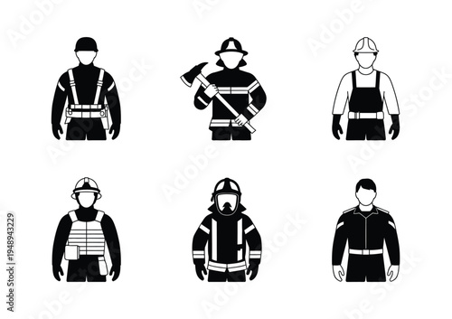 Vector of six firefighters in different uniforms and equipment