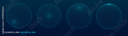 Cyberpunk 3D sphere with wireframe grid and dot mesh. Holographic HUD geometry for futuristic UI, VR and tech design concepts