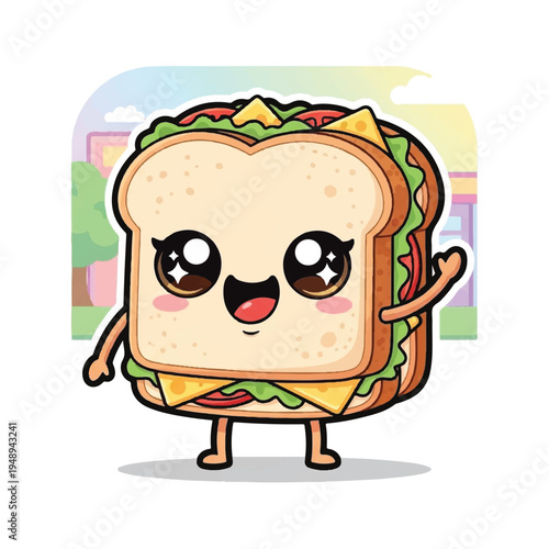 Cute Cartoon Sandwich Character Smiling.