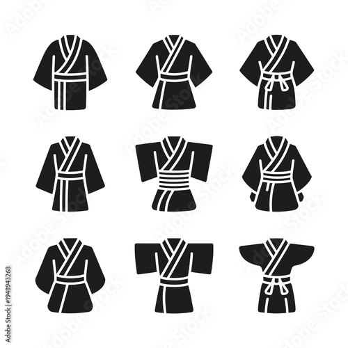 Set of nine vector icons featuring traditional japanese kimonos with belts