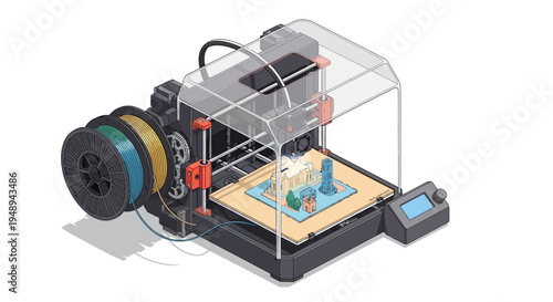 3D printer with spool of filament creating a city model