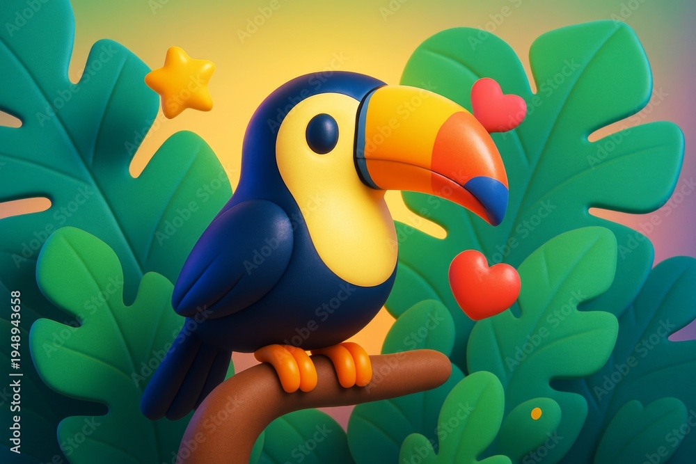 Fototapeta premium Cute stylized toucan with colorful beak perched on a branch surrounded by tropical leaves, hearts, and star on a warm gradient background concept. Ai generative