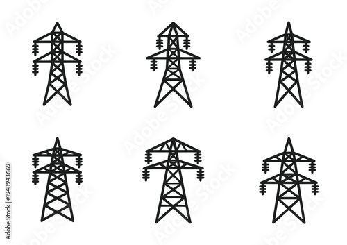 Six vector of transmission towers for electricity power lines
