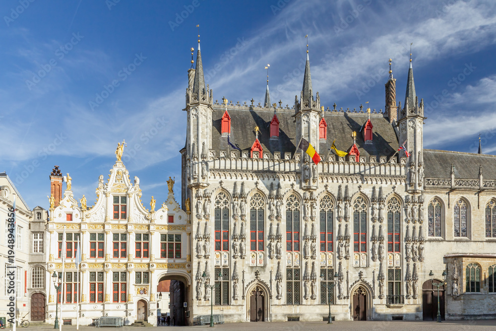 Obraz premium Front view of City hall of Bruges in Burg square in Bruges, Belgium. Horizontally. 
