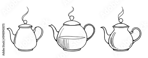 Teapot set with abstract line art design featuring rising steam, coffee, tea with drinkware and kitchenware