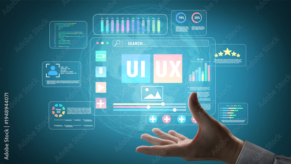 Naklejka premium Interactive User Interface Display with Graphs and Data Visualizations for User Experience Design and Development Projects Quark.
