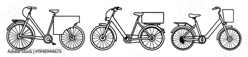 Electric cargo bike set with minimalist pictogram design featuring green logistics symbol, electric, bike with bold black strokes and white background