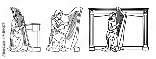 Harpsichord player set with continuous line drawing featuring musical instrument, keyboard, and musician with Baroque art and single stroke design