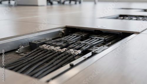 Close medium shot focusing on audio cables neatly arranged inside raised floor raceways with blurred office flooring in the background.