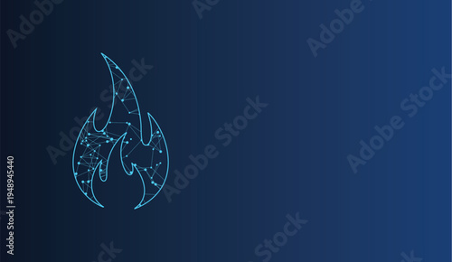 Abstract digital fire icon formed by glowing connected blue network nodes