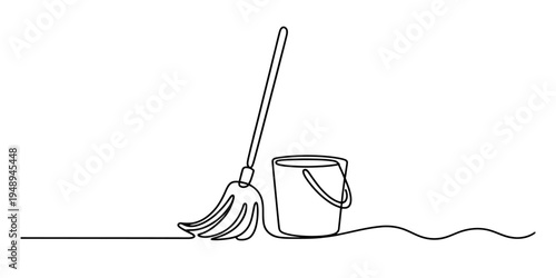 Continuous line drawing of broom and bucket on white background