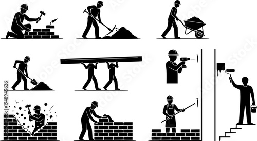Construction and Handyman Pictogram Set - Professional Builder and Labourer Silhouettes Vector Icons