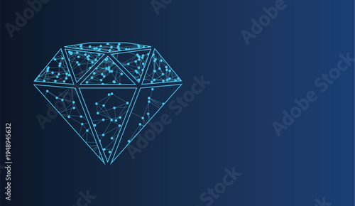 Futuristic digital diamond shape with interconnected nodes, symbolizing data, technology, and blockchain.