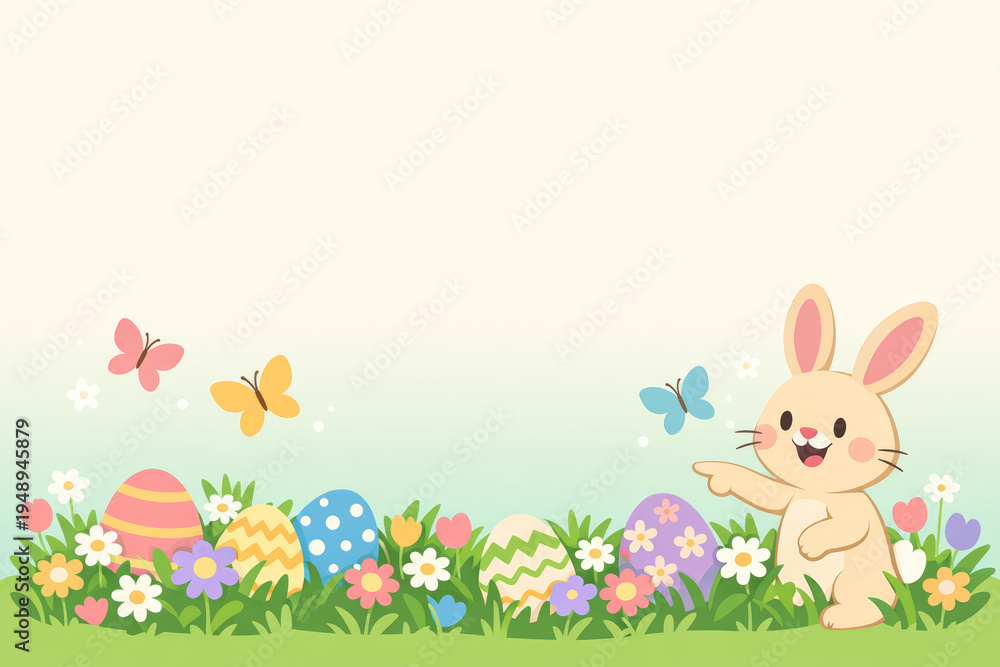 Fototapeta premium Cute Easter Bunny and Eggs Spring Grass Border Background