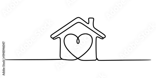 heartwarming home with love symbol, simple line drawing