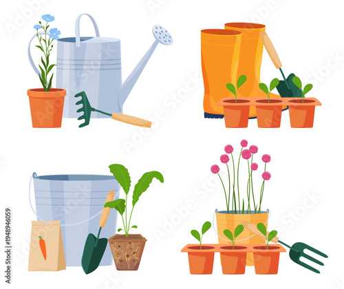 Garden tools and seedlings. Caring for a beautiful and well-kept home territory, a garden, a vegetable garden, a flower bed. Vector illustration