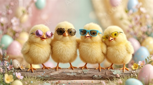 Cute yellow chicks in bright sunglasses pose on a log amid colorful Easter eggs.