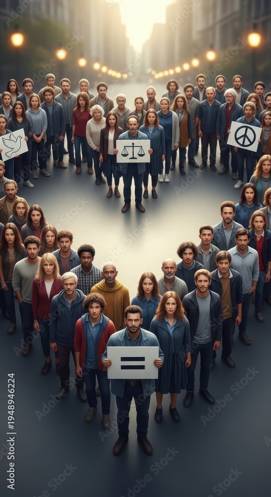 Fototapeta premium Diverse Group of People with Signs Representing Peace and Justice