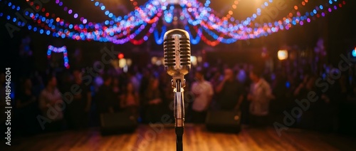 A vintage microphone on a stage.