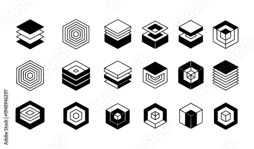 Isometric cube vector set 20 designs black and white geometric architecture symbols