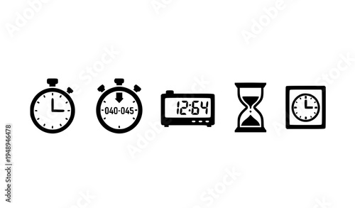 Black timer icons vector set stopwatch countdown flat clock symbols