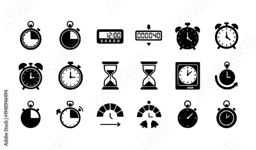 Timers and stopwatch icon set black vector countdown clock flat symbols collection
