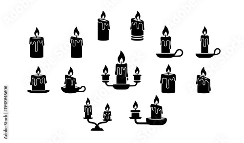 Candle silhouette icon collection black vector 10 EPS flame symbols set