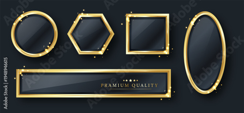 Elegant luxury black banner with metallic frame and star symbol. Premium golden badge sticker for pricing labels, exclusive branding and sale promotions