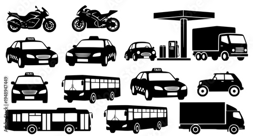 City transportation vector silhouette set. Collection of cars, buses, trucks, motorcycles, taxis, and gas station isolated on white background.