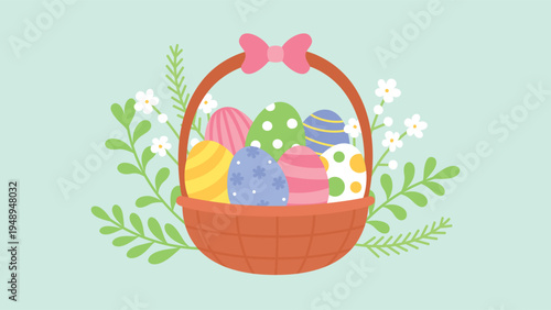 colorful easter basket with floral for easter holiday flyer, poster and greeting card