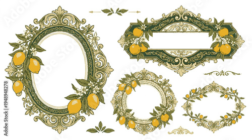 Vintage citrus label ornaments with lemons and green leaves in ornate gold frames for decoration and design
