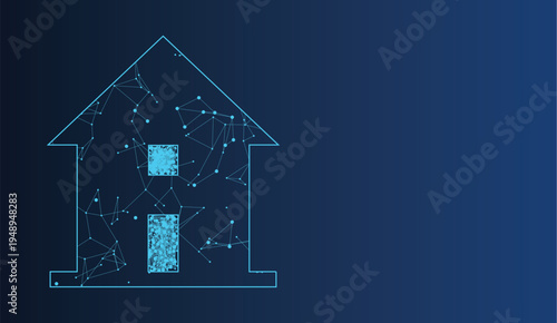 Digital house outline represents smart home technology network connectivity and automation concepts