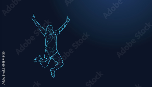 Abstract human silhouette celebrating success with glowing digital connection points