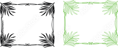 Tropical Leaf Border Frames Black and Green Outline Decorative Elements Vector Illustrations