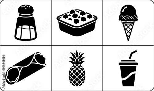 A set of six black and white icons featuring various food and drink items, including a salt shaker, dessert, ice cream cone, burrito, pineapple, and cup with straw, all in silhouette.