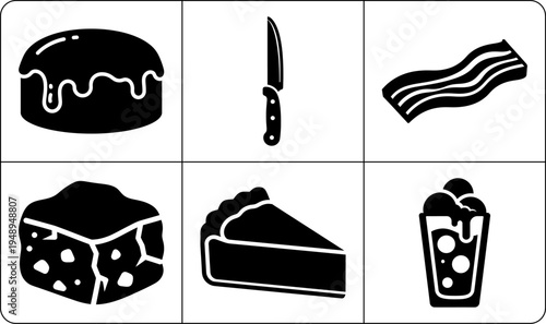A stylized illustration of various food items in silhouette, including a cake, knife, bacon, cheese, pie, and soda, presented in a clean and modern graphic design.