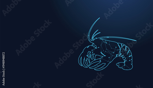 Blue line art illustration of a digital network lobster crustacean creature icon